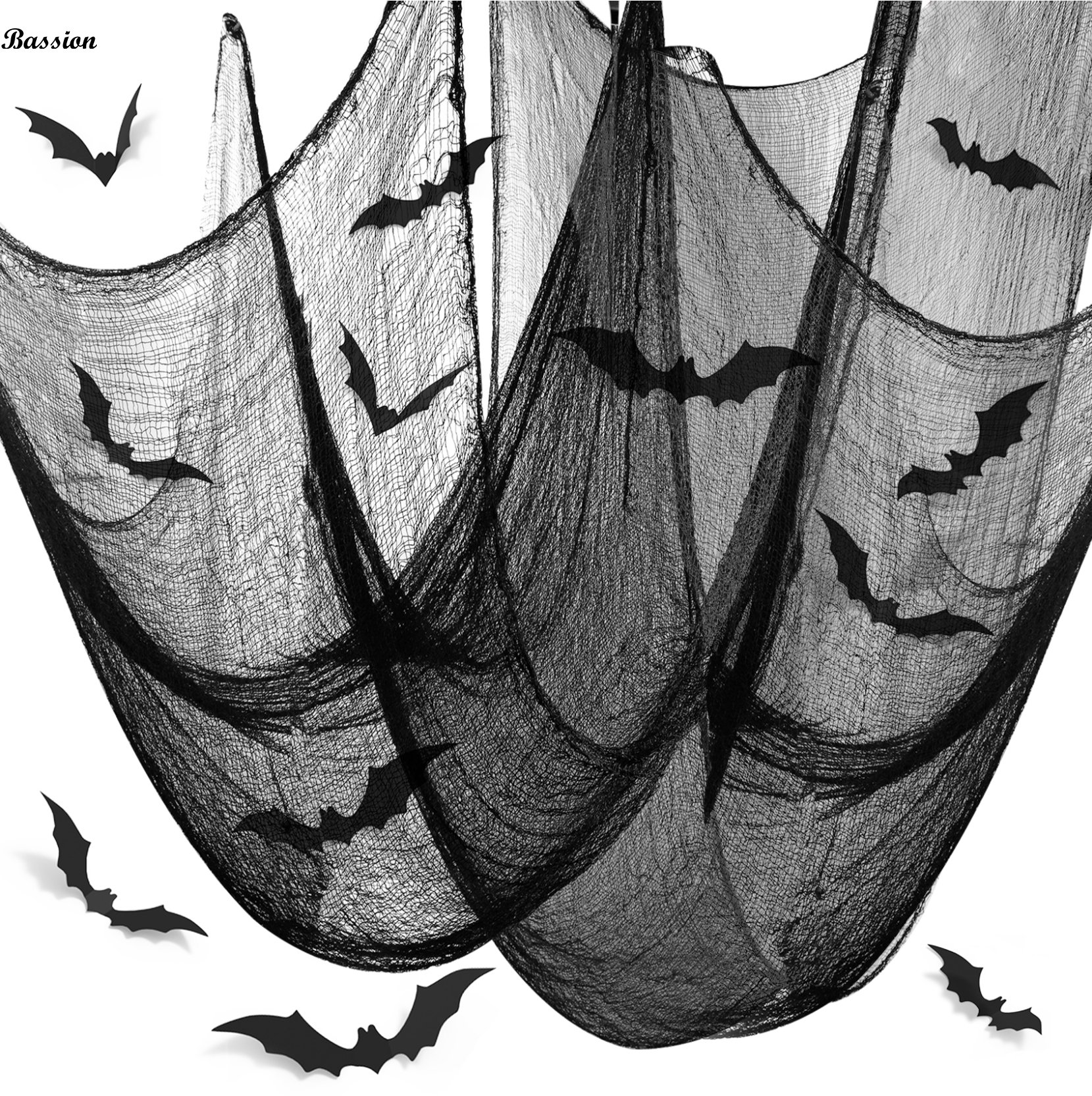Bassion Halloween Creepy Cloth Black Cheesecloth with 12PCS Bats Stickers, Spider Webs Halloween Decorations Haunted Party Supplies Outdoor 78X197"