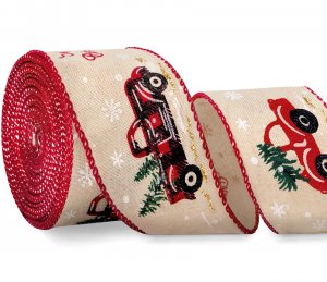 Christmas Ribbon Wired, Vintage Red Truck with Christmas Tree Burlap Ribbon for Gift Wrapping - 2.5" x 10 Yards