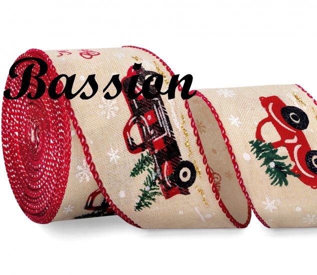 Christmas Ribbon Wired, Vintage Red Truck with Christmas Tree Burlap Ribbon for Gift Wrapping - 2.5" x 10 Yards - Click Image to Close