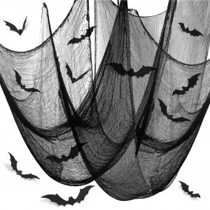 Bassion Halloween Creepy Cloth Black Cheesecloth with 12PCS Bats Stickers, Spider Webs Halloween Decorations Haunted Party Supplies Outdoor 78X197"